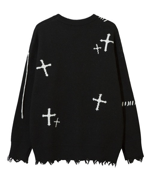 Ressaca（レサーカ）の「オーバーサイズダメージ加工クロス柄ハンドステッチニット（ニット/セーター・メンズ・ブラック/グレー・L/XL/M）」の8枚目の写真