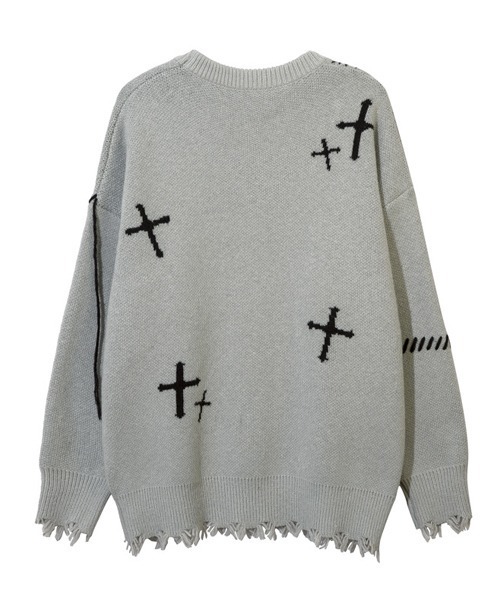 Ressaca（レサーカ）の「オーバーサイズダメージ加工クロス柄ハンドステッチニット（ニット/セーター・メンズ・ブラック/グレー・L/XL/M）」の9枚目の写真