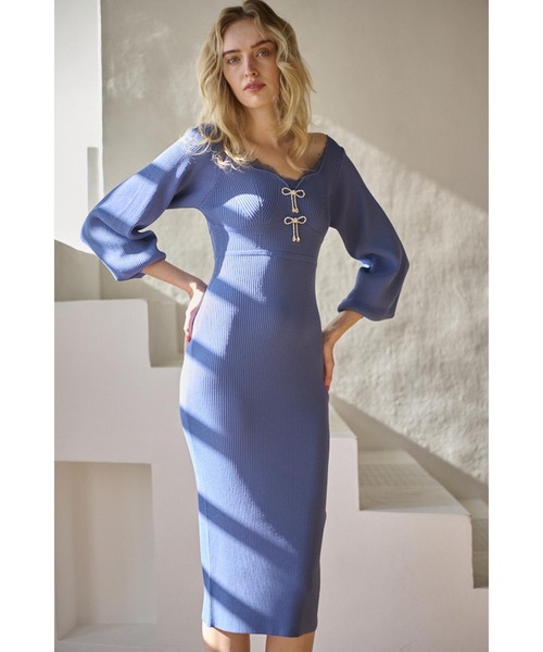 Estella.K(エステラケー)の「Ivanna Knit Midi Dress ハートネックリブニットドレス(ワンピース・レディース・ブルー系その他/ブラック・FREE)」の1枚目の写真
