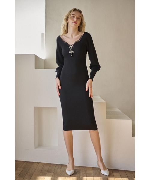 Estella.K(エステラケー)の「Ivanna Knit Midi Dress ハートネックリブニットドレス(ワンピース・レディース・ブルー系その他/ブラック・FREE)」の4枚目の写真