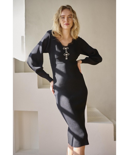 Estella.K(エステラケー)の「Ivanna Knit Midi Dress ハートネックリブニットドレス(ワンピース・レディース・ブルー系その他/ブラック・FREE)」の3枚目の写真
