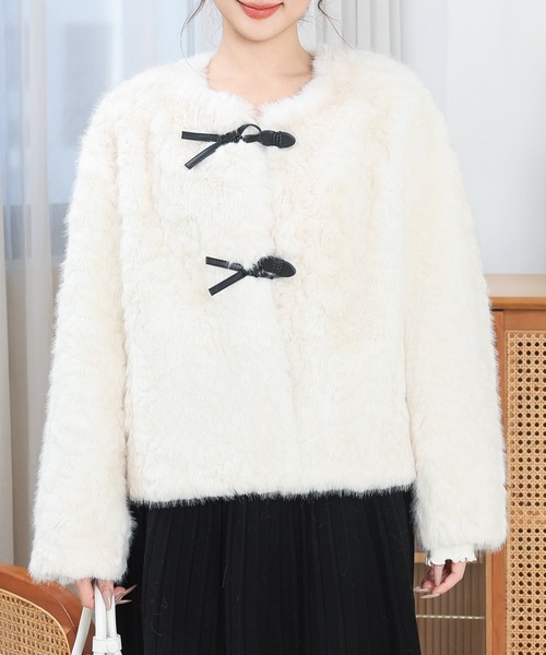 Anely(アネリー)の「ノーカラー コンパクト ファー ダッフル ジャケット(ノーカラージャケット・レディース・アイボリー/ブラック/ベージュ/ピンク・FREE)」の7枚目の写真