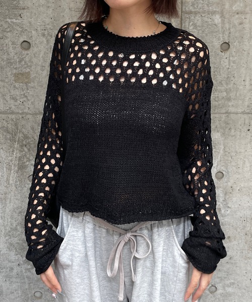 ROGER AND RAW(ロジャーアンドロウ)の「ショート丈クロシェ編みニット(ニット/セーター・レディース・ブラック/ベージュ/グレー・FREE)」の12枚目の写真