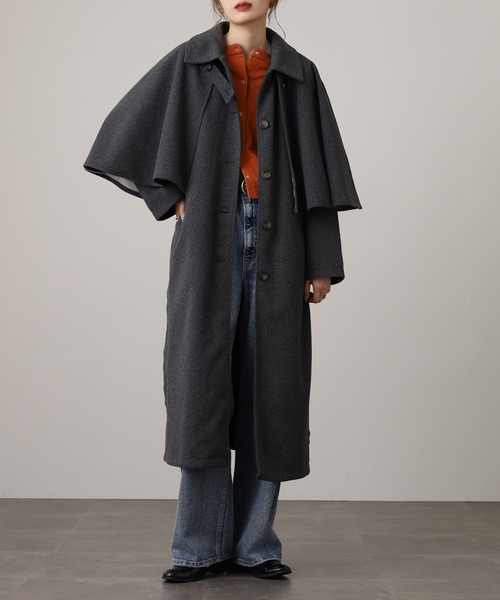 OMNES（オムネス）の「ニットモッサ ケープ取り外しステンカラーコート マルチWAYコート（ステンカラーコート・レディース・グレー/ブラック/ベージュ/チャコール/ブラウン・FREE）」の4枚目の写真
