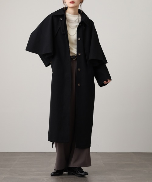 OMNES（オムネス）の「ニットモッサ ケープ取り外しステンカラーコート マルチWAYコート（ステンカラーコート・レディース・グレー/ブラック/ベージュ/チャコール/ブラウン・FREE）」の2枚目の写真