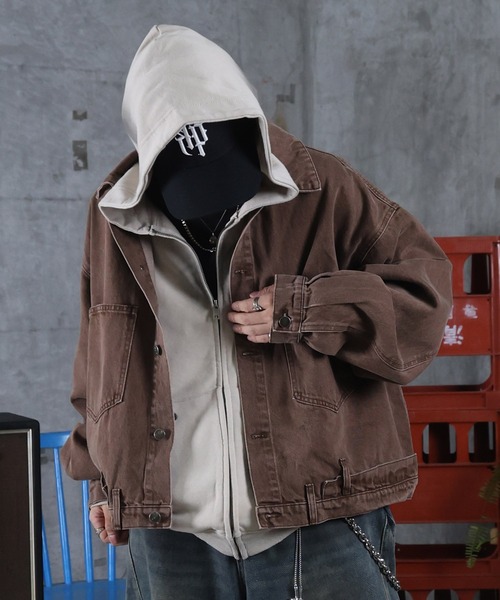 ILL'S（イルズ）の「デニム ショートジャケット メンズ レディース ユニセックス（デニムジャケット・メンズ・カーキ/ブラウン・M/L）」の7枚目の写真