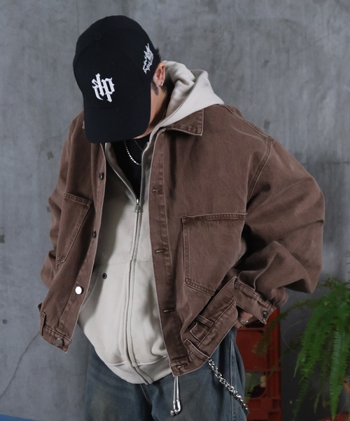 ILL'S（イルズ）の「デニム ショートジャケット メンズ レディース ユニセックス（デニムジャケット・メンズ・カーキ/ブラウン・M/L）」の3枚目の写真