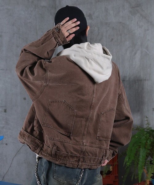 ILL'S（イルズ）の「デニム ショートジャケット メンズ レディース ユニセックス（デニムジャケット・メンズ・カーキ/ブラウン・M/L）」の4枚目の写真