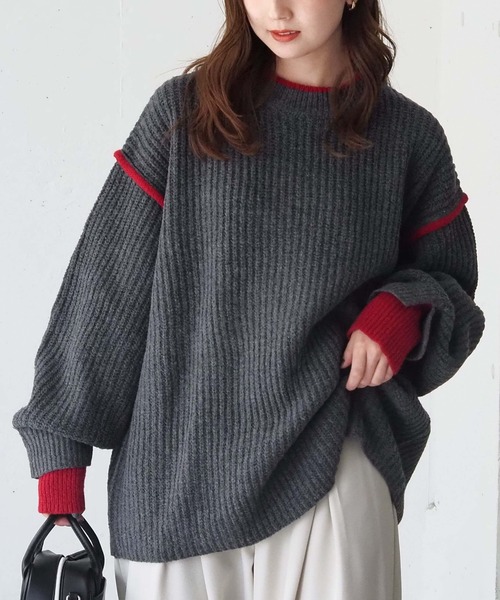tiptop(ティップトップ)の「畦編配色レイヤードプルオーバー(ニット/セーター・レディース・レッド/グレー/チャコールグレー/アイボリー・FREE)」の8枚目の写真