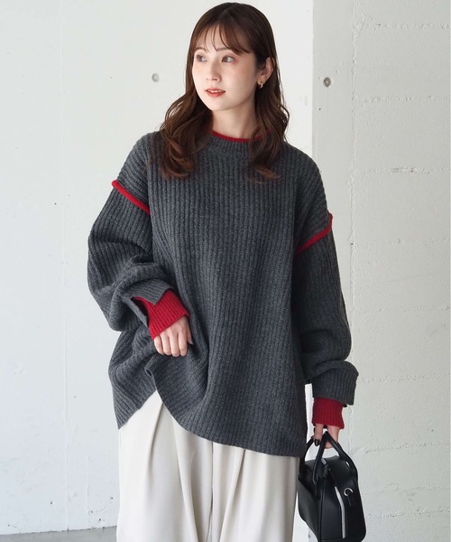 tiptop(ティップトップ)の「畦編配色レイヤードプルオーバー(ニット/セーター・レディース・レッド/グレー/チャコールグレー/アイボリー・FREE)」の9枚目の写真