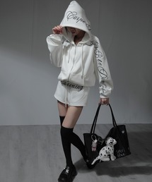 【セットアップ】レタリングロゴ刺繡 ジップアップパ-カ- ショ-トパンツ 上下セット くすみカラ- 生成り 韓国風