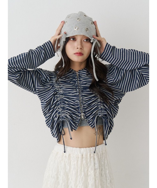 jouetie(ジュエティ)の「ハトメリボンビーニー(ニットキャップ/ビーニー・レディース・グレー/ブラック・FREE)」の6枚目の写真