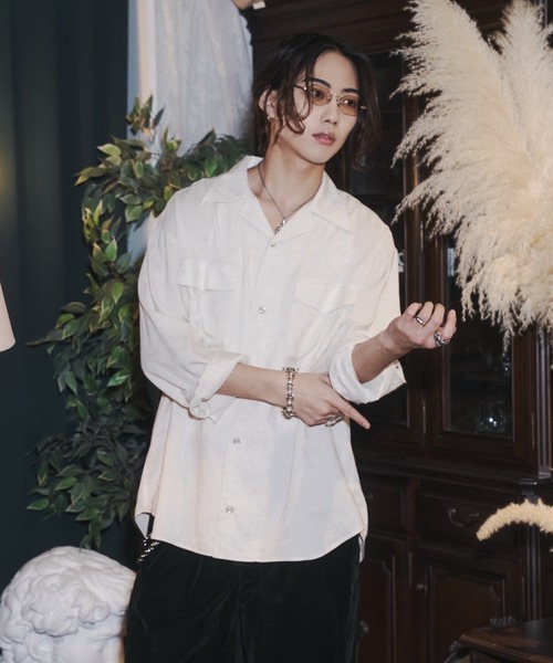 INTER FACTORY（インターファクトリー）の「takumu（MUU STUDIO） - Linen Blend Open Collar Shirt / リネンブレンドオープンカラーシャツ（シャツ/ブラウス・メンズ・ブラック/アイボリー/ピンク・3/2）」の4枚目の写真