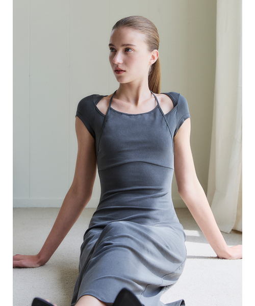 レイヤードホルターストラップドレス、ウォッシュドブラック