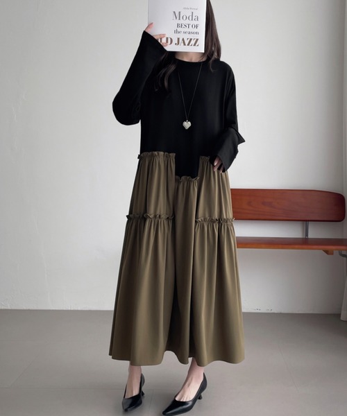 ABITOKYO(アビトーキョー)の「アシメフリル異素材切替ワンピース(ワンピース・レディース・ブラック/キャメル/カーキ・FREE)」の5枚目の写真