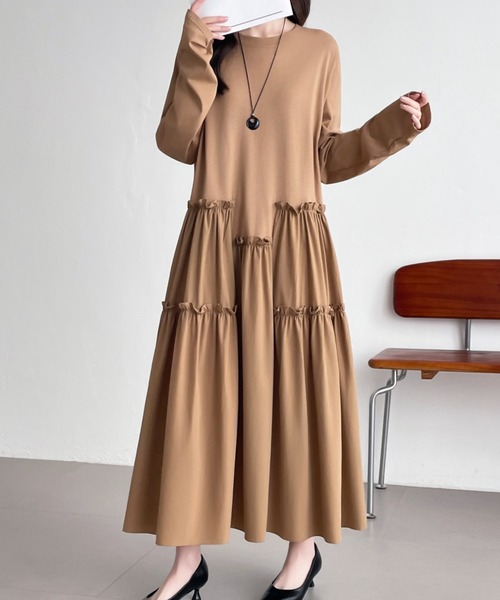 ABITOKYO(アビトーキョー)の「アシメフリル異素材切替ワンピース(ワンピース・レディース・ブラック/キャメル/カーキ・FREE)」の14枚目の写真