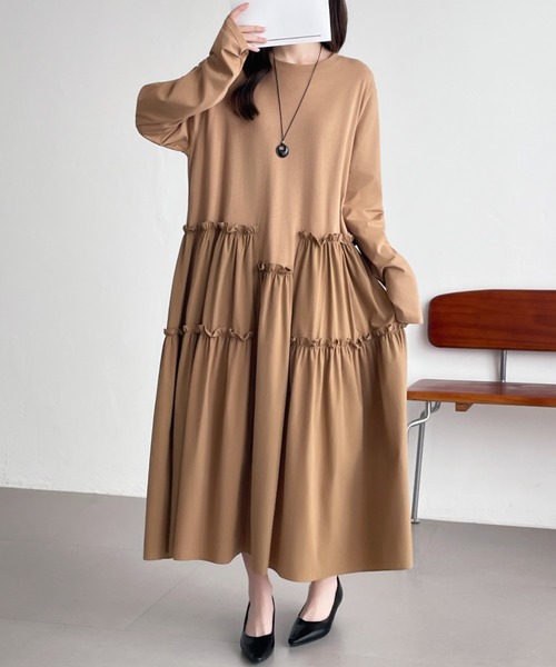 ABITOKYO(アビトーキョー)の「アシメフリル異素材切替ワンピース(ワンピース・レディース・ブラック/キャメル/カーキ・FREE)」の17枚目の写真