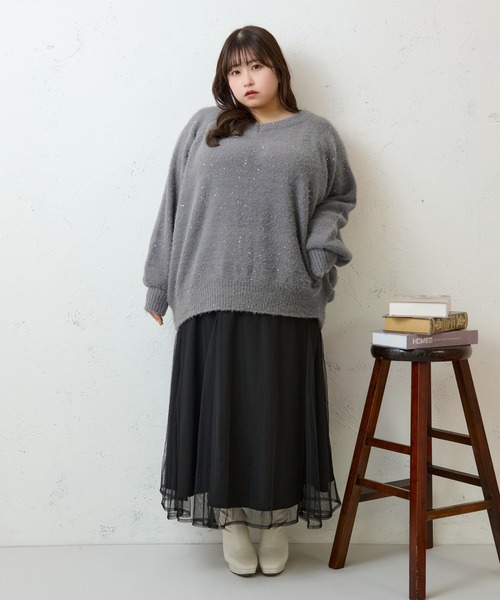 Louiosy(ルオシー)の「【大きいサイズ】2WAYベロアリボンラメニット(ニット/セーター・レディース・チャコールグレー/ライトブルー・4L/X-LARGE/3L)」の5枚目の写真