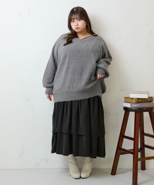 Louiosy(ルオシー)の「【大きいサイズ】2WAYベロアリボンラメニット(ニット/セーター・レディース・チャコールグレー/ライトブルー・4L/X-LARGE/3L)」の8枚目の写真