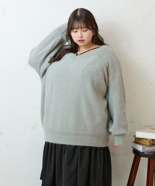 Louiosy(ルオシー)の「【大きいサイズ】2WAYベロアリボンラメニット(ニット/セーター・レディース・チャコールグレー/ライトブルー・4L/X-LARGE/3L)」の15枚目の写真