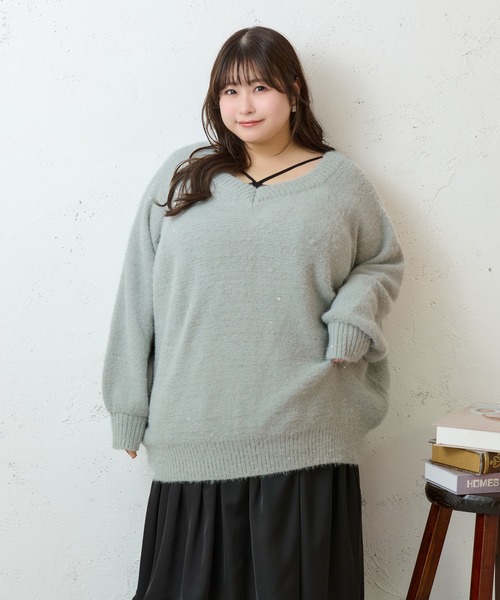 Louiosy(ルオシー)の「【大きいサイズ】2WAYベロアリボンラメニット(ニット/セーター・レディース・チャコールグレー/ライトブルー・4L/X-LARGE/3L)」の16枚目の写真
