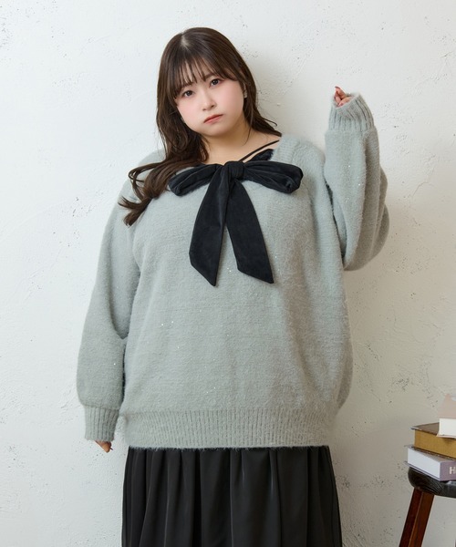 Louiosy(ルオシー)の「【大きいサイズ】2WAYベロアリボンラメニット(ニット/セーター・レディース・チャコールグレー/ライトブルー・4L/X-LARGE/3L)」の17枚目の写真