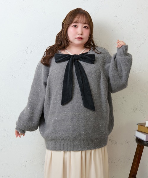 Louiosy(ルオシー)の「【大きいサイズ】2WAYベロアリボンラメニット(ニット/セーター・レディース・チャコールグレー/ライトブルー・4L/X-LARGE/3L)」の10枚目の写真