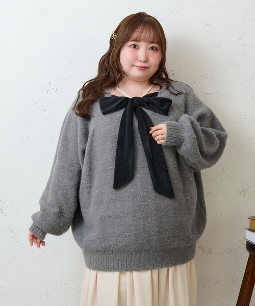 Louiosy(ルオシー)の「【大きいサイズ】2WAYベロアリボンラメニット(ニット/セーター・レディース・チャコールグレー/ライトブルー・4L/X-LARGE/3L)」の11枚目の写真
