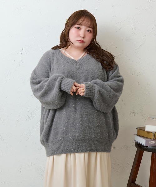 Louiosy(ルオシー)の「【大きいサイズ】2WAYベロアリボンラメニット(ニット/セーター・レディース・チャコールグレー/ライトブルー・4L/X-LARGE/3L)」の12枚目の写真