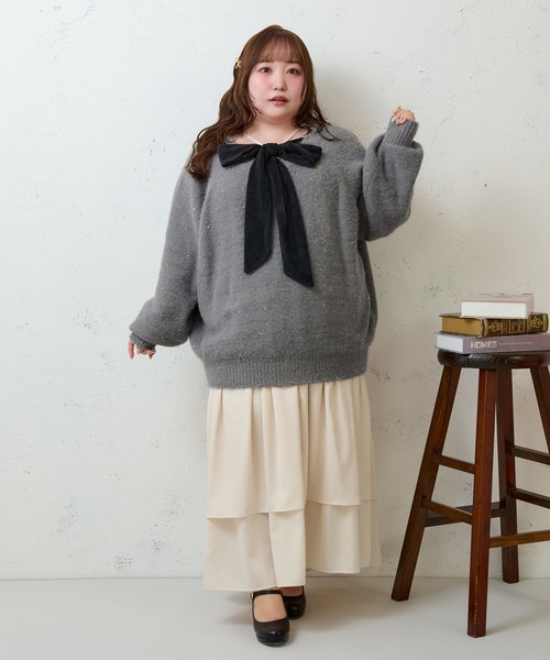 Louiosy(ルオシー)の「【大きいサイズ】2WAYベロアリボンラメニット(ニット/セーター・レディース・チャコールグレー/ライトブルー・4L/X-LARGE/3L)」の13枚目の写真