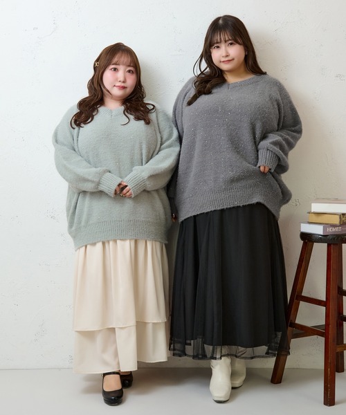 Louiosy(ルオシー)の「【大きいサイズ】2WAYベロアリボンラメニット(ニット/セーター・レディース・チャコールグレー/ライトブルー・4L/X-LARGE/3L)」の6枚目の写真