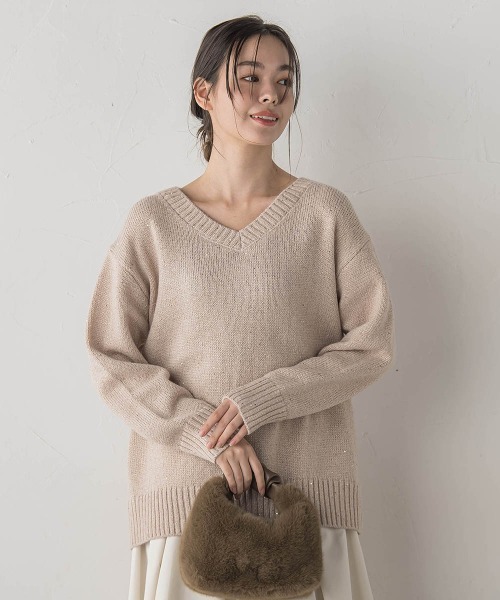 Droite lautreamont（ドロワットロートレアモン）の「スパンコールVネックニット≪手洗い可能≫（ニット/セーター・レディース・オフホワイト/ブラック/ピンク・M）」の22枚目の写真