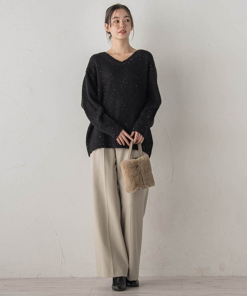 Droite lautreamont（ドロワットロートレアモン）の「スパンコールVネックニット≪手洗い可能≫（ニット/セーター・レディース・オフホワイト/ブラック/ピンク・M）」の17枚目の写真