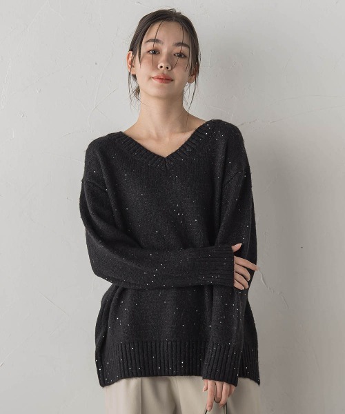 Droite lautreamont（ドロワットロートレアモン）の「スパンコールVネックニット≪手洗い可能≫（ニット/セーター・レディース・オフホワイト/ブラック/ピンク・M）」の13枚目の写真