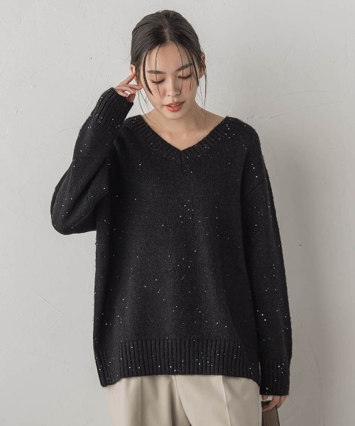 【NEW】ドロワットロートレアモン（Droite lautreamont）/スパンコールVネックニット≪手洗い可能≫ スパンコールVネックニット≪手洗い可能≫（ニット/セーター）｜Droite