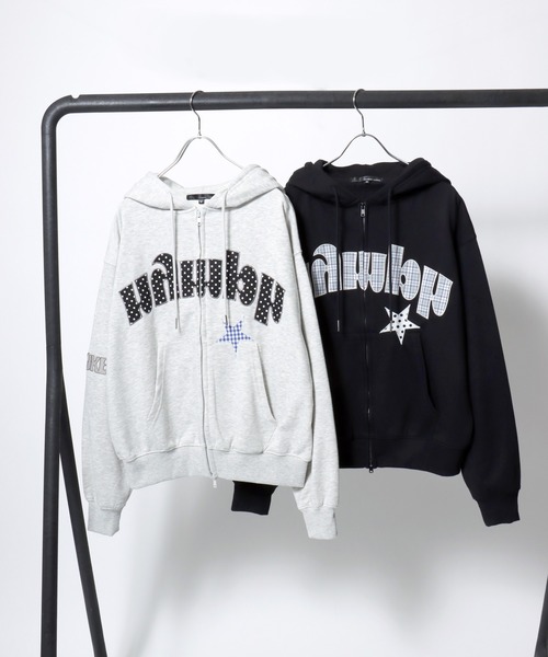 Salong hameu（サロン ハミュー）の「別注ねこさんバックプリント・パッチワークアップリケ スウェットジップアップパーカー/チェック柄/ドット柄（パーカー・レディース・ブラック/ライトグレー/ブラック系その他/グレー系その他・L/M）」の5枚目の写真