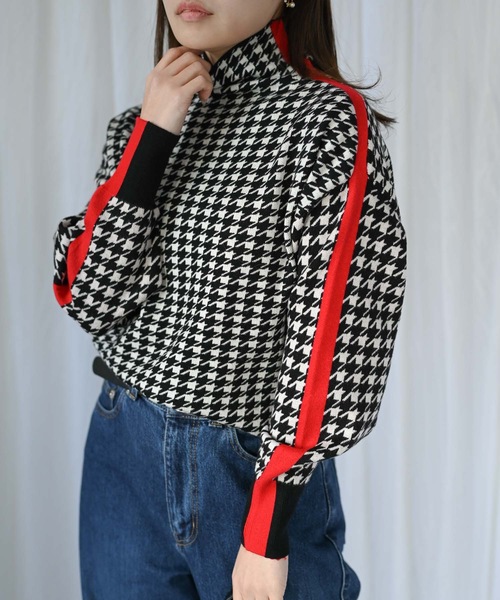 セール】千鳥柄サイドライン配色ハイネックニット（カラーニット