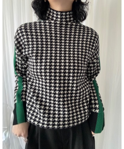 セール】千鳥柄サイドライン配色ハイネックニット（カラーニット