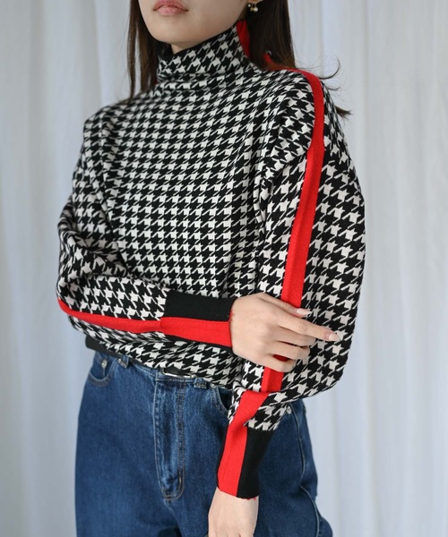 セール】千鳥柄サイドライン配色ハイネックニット（カラーニット