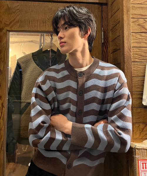 Straight‑type wool knit cardigan — прямой тёплый трикотажный кардиган, синий