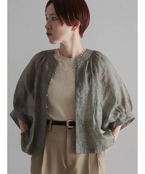 FIL DE FER(フィルデフェール)の「ラミーウィンドペンプリント ショートブラウス(シャツ/ブラウス・レディース・ブラック/ベージュ・FREE)」の1枚目の写真