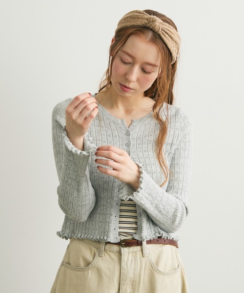 Crisp（クリスプ）の「透かし編みメロウショートカーディガン（カーディガン/ボレロ・レディース・グレー/レッド/アイボリー・FREE）」の9枚目の写真