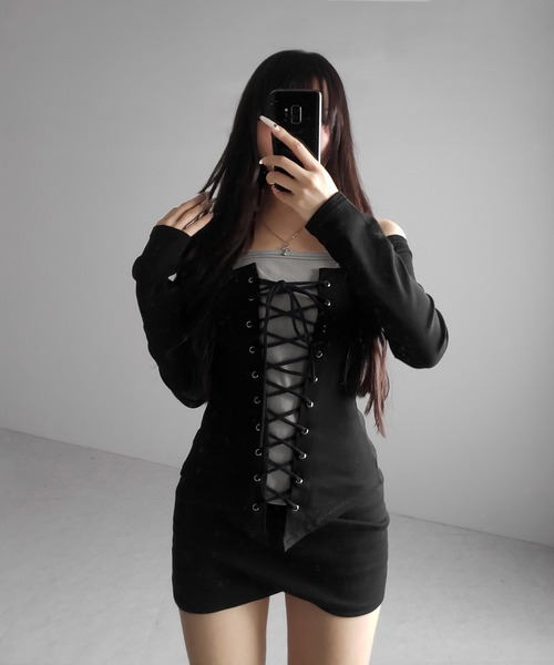me+em select(ミームセレクト)の「【 2color 】レースアップコルセットリボンオフショルトップス / laceup corset ribbon off shoulder tops ※※(Tシャツ/カットソー・レディース・ブラック/グレー・FREE)」の16枚目の写真