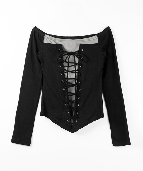 me+em select(ミームセレクト)の「【 2color 】レースアップコルセットリボンオフショルトップス / laceup corset ribbon off shoulder tops ※※(Tシャツ/カットソー・レディース・ブラック/グレー・FREE)」の3枚目の写真