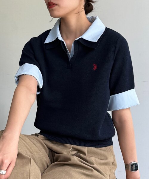 U.S. POLO ASSN.（ユーエスポロアッスン）の「【U.S. POLO ASSN.】フェイクレイヤード半袖ポロ（ポロシャツ・レディース・アイボリー/ブラウン/グレー/ネイビー・FREE）」の4枚目の写真