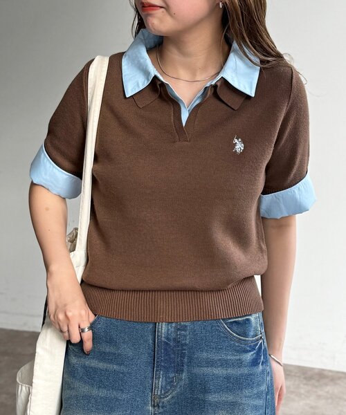 U.S. POLO ASSN.（ユーエスポロアッスン）の「【U.S. POLO ASSN.】フェイクレイヤード半袖ポロ（ポロシャツ・レディース・アイボリー/ブラウン/グレー/ネイビー・FREE）」の22枚目の写真