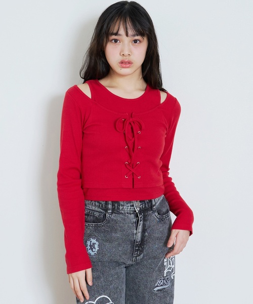 セール】レースアップテレコ長袖シャツ（Tシャツ/カットソー