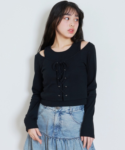 LOVETOXIC(ラブトキシック)の「レースアップテレコ長袖シャツ(Tシャツ/カットソー・キッズ・ブラック/レッド/トップグレー/オフホワイト・130cm/S:140cm/L:160cm/M:150cm)」の3枚目の写真