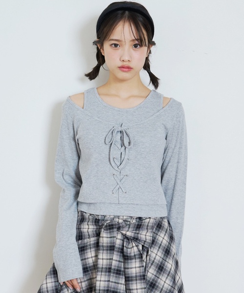 LOVETOXIC(ラブトキシック)の「レースアップテレコ長袖シャツ(Tシャツ/カットソー・キッズ・ブラック/レッド/トップグレー/オフホワイト・130cm/S:140cm/L:160cm/M:150cm)」の4枚目の写真
