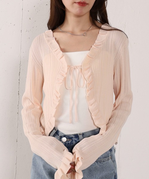 archives(アルシーヴ)の「【高機能】ランダムリブフリルニットカーディガン(カーディガン/ボレロ・レディース・オフホワイト/グレー/ブラック/ピンク・MEDIUM)」の4枚目の写真